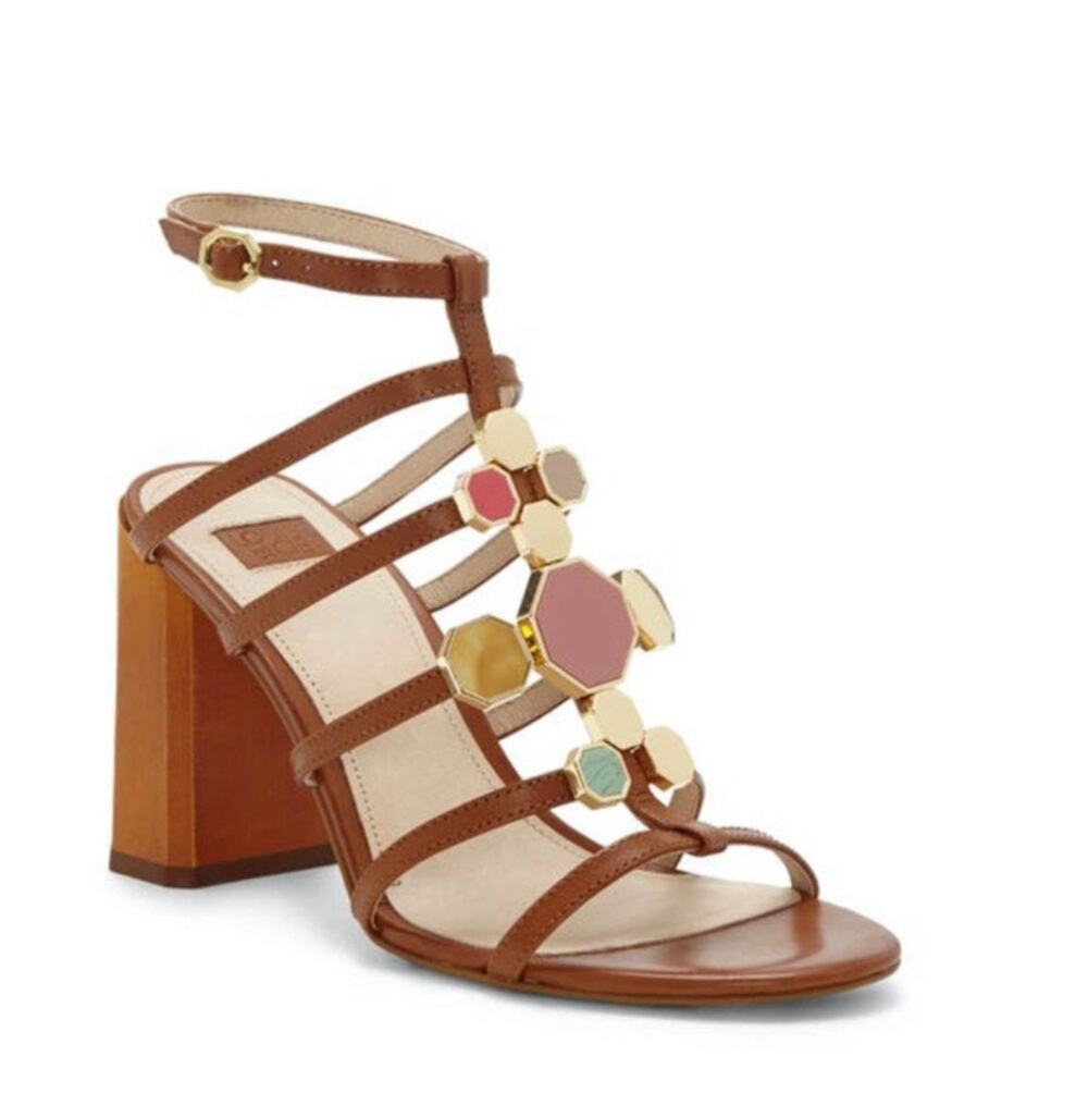 Louise et Cie Leather Jeweled T-Strap Gladiator Block Heel Sandals Cognac Brown
